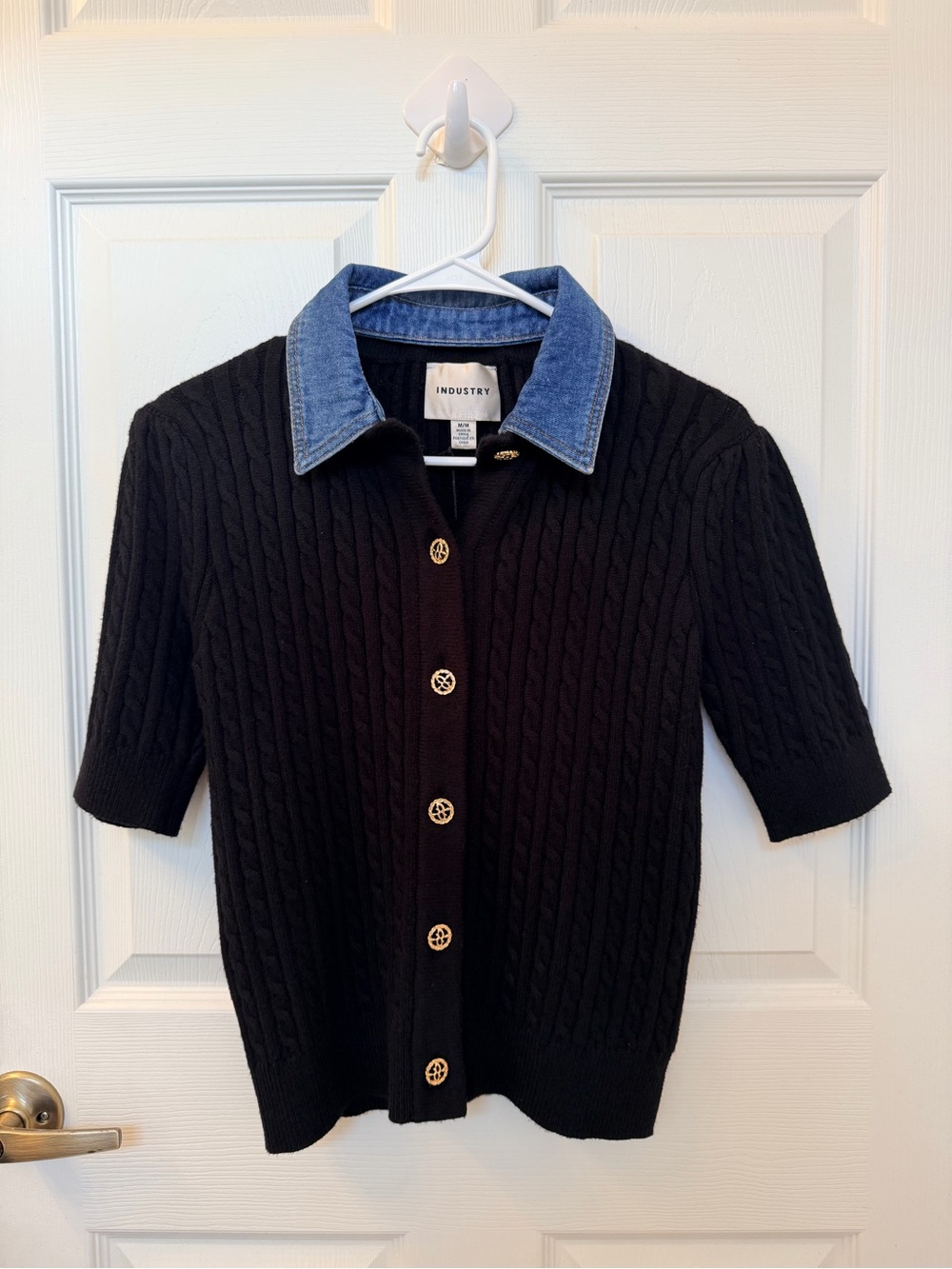 NWT INDUSTRY Black Cable-Knit Cardigan w/ Removable Denim Collar Women’s Medium